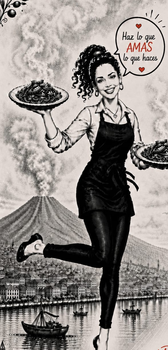 Ilustración de Anna la Italiana sirviendo dos platos de pasta frente al Vesubio