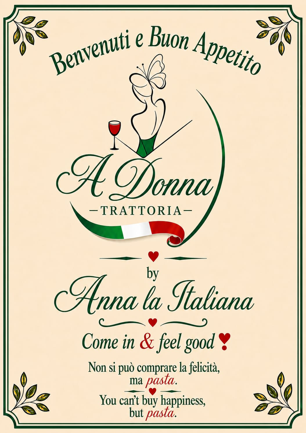 Cartel Benvenuti e Buon Appetito de Adonna Trattoria